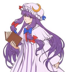 Rule 34 | 1girl, arm at side, blue bow, blunt bangs, book, bow, capelet, cowboy shot, crescent, crescent hair ornament, expressionless, eyebrows hidden by hair, hair bow, hair ornament, hair ribbon, hat, highres, holding, holding book, long hair, mob cap, multi-tied hair, patchouli knowledge, purple eyes, purple hair, red bow, ribbon, sidelocks, simple background, sleeves past wrists, solo, striped, touhou, tress ribbon, vertical stripes, very long hair, white background, winterleigh