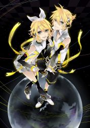 Rule 34 | 1boy, 1girl, arm warmers, bad id, bad pixiv id, blonde hair, brother and sister, detached sleeves, hair ornament, hair ribbon, hairclip, headphones, highres, kagamine len, kagamine len (append), kagamine rin, kagamine rin (append), kyo zip, leg warmers, navel, ribbon, short hair, shorts, siblings, smile, twins, vocaloid, vocaloid append