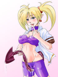 Rule 34 | aq interactive, arcana heart, atlus, blonde hair, blush, breasts, cameltoe, cleavage, cleft of venus, examu, lilica felchenerow, nipples, pointy ears, pussy juice, rickert kai, tail