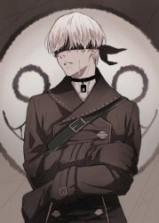 Rule 34 | black gloves, blindfold, choker, crying, double-breasted, emil (nier), gloves, katagawa mika, male focus, muted color, nier (series), nier:automata, solo, white hair, 9s (nier:automata)