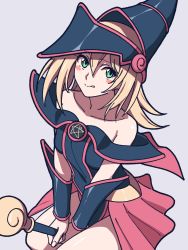Rule 34 | 1girl, absurdres, bare shoulders, between legs, blonde hair, blue hat, blush, blush stickers, closed mouth, collarbone, dark magician girl, duel monster, fingernails, green eyes, grey background, hair between eyes, hat, highres, holding, holding wand, kashiwa (iersansi), kneeling, long hair, looking at viewer, off shoulder, pentagram, shiny skin, simple background, solo, tongue, tongue out, wand, yu-gi-oh!