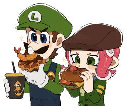 Rule 34 | 1boy, 1girl, blue eyes, blue overalls, blue shirt, blush stickers, brown hair, brown hat, burger, commentary request, cup, curry, disposable cup, drinking straw, eating, facial hair, food, food in mouth, gloves, green eyes, green hat, green shirt, green sweater, hands up, hat, highres, holding, holding cup, holding food, long sleeves, luigi, mario (series), medium hair, mimimi (mimimim9999), motion lines, mustache, nintendo, octoling, octoling girl, octoling player character, overalls, pink hair, pink nails, shirt, short hair, shrimp, shrimp tempura, simple background, splatoon (series), star (symbol), suction cups, super nintendo world, sweater, tempura, tentacle hair, upper body, v-shaped eyebrows, waffle, white background, white gloves