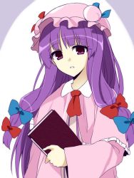 Rule 34 | 1girl, bad id, bad pixiv id, book, capelet, coat, dress, hair ribbon, hat, long hair, long sleeves, looking at viewer, mob cap, nnyara, open clothes, open coat, patchouli knowledge, purple eyes, purple hair, ribbon, solo, striped clothes, striped dress, touhou, tress ribbon, upper body, very long hair, wide sleeves