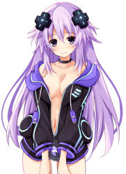Rule 34 | 1girl, adult neptune, bare shoulders, black choker, black jacket, blush, breasts squeezed together, breasts, choker, cleavage, commentary request, cowboy shot, d-pad, d-pad hair ornament, hair between eyes, hair ornament, hands on own thighs, hood, hooded jacket, iwashi dorobou -r-, jacket, long hair, looking at viewer, medium breasts, midriff, navel, neptune (series), no bra, no pants, off shoulder, partially unzipped, purple eyes, purple hair, smile, solo, unzipped, usb, very long hair