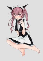 Rule 34 | 1girl, absurdres, akiha rumiho, animal ears, barefoot, belt, blush, buckle, cat ears, commentary request, dress, feet, frilled dress, frills, full body, grey background, hand up, highres, kahlua (artist), legs together, long hair, looking at viewer, maid, maid headdress, nail polish, pink hair, purple eyes, red neckwear, ribbon, short sleeves, simple background, sitting, soles, solo, steins;gate, sweat, sweatdrop, toes, twintails, waitress
