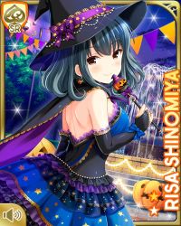 Rule 34 | 1girl, blue bow, blue dress, bow, brown eyes, card (medium), character name, closed mouth, collarbone, dress, girlfriend (kari), green hair, halloween, hat, night, official art, outdoors, qp:flapper, shinomiya risa, smile, tagme, witch, witch hat