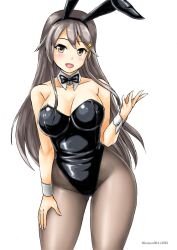 Rule 34 | 1girl, animal ears, black hair, black leotard, bow, bowtie, breasts, cowboy shot, detached collar, fake animal ears, grey eyes, hair ornament, hairclip, haruna (kancolle), kantai collection, kudou (ooabareteng), leotard, long hair, looking at viewer, medium breasts, open mouth, pantyhose, playboy bunny, rabbit ears, rabbit tail, simple background, smile, solo, strapless, strapless leotard, tail, traditional bowtie, twitter username, white background, wrist cuffs