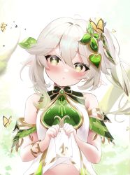Rule 34 | 1girl, :o, absurdres, armlet, bare shoulders, blush, bracelet, bug, butterfly, clothes lift, dress, dress lift, fantongjun, genshin impact, green eyes, hair between eyes, hair ornament, highres, insect, jewelry, lifting own clothes, looking at viewer, nahida (genshin impact), side ponytail, solo, upper body, white dress, white hair