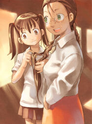 2girls age_difference braiding_hair brown_eyes dress_shirt earrings glasses green_eyes hairdressing jewelry long_hair long_sleeves miniskirt multiple_girls onee-loli original red_skirt school_uniform shirt short_sleeves skirt smile stud_earrings teitai twintails white_shirt