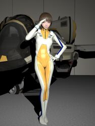 Rule 34 | 1girl, 3d, asian, bodysuit, boots, brown eyes, brown hair, choujikuu yousai macross, commentary request, gloves, hangar, highres, lips, looking at viewer, macross, missile pod, original, pilot suit, pit1208, realistic, salute, science fiction, spacecraft, spacesuit, starfighter, variable fighter