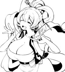 Rule 34 | 1girl, breasts, chisel, cleavage, collared vest, frills, greyscale, hair ornament, hair stick, highres, himajin noizu, jewelry, kaku seiga, large breasts, monochrome, open clothes, open vest, puffy short sleeves, puffy sleeves, short sleeves, solo, touhou, vest
