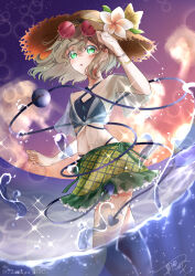 Rule 34 | 1girl, 72mikan 1687, absurdres, alternate costume, bare shoulders, bikini, blue bikini, blush, bracelet, breasts, buttons, commentary request, criss-cross halter, diamond button, dusk, eyelashes, eyewear on head, feet out of frame, floating hair, flower, frilled skirt, frills, green eyes, green skirt, grey hair, hair between eyes, hair ornament, hairclip, halterneck, hand up, hat, hat flower, highres, jewelry, komeiji koishi, light frown, looking at viewer, midriff, miniskirt, navel, outdoors, parted lips, plaid, plaid skirt, red-tinted eyewear, round eyewear, see-through, see-through shirt, short hair, short sleeves, signature, skirt, sky, small breasts, solo, sparkle, standing, straw hat, sunglasses, swimsuit, third eye, tinted eyewear, touhou, twitter username, wading, water, water drop, wavy hair, white flower