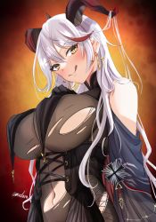 Rule 34 | 1girl, :q, aegir (azur lane), amadarel, azur lane, bad id, bad pixiv id, bare shoulders, black cape, black gloves, blush, bodystocking, breast curtains, breasts, cape, covered navel, cross, cross-laced clothes, cross earrings, demon horns, earrings, elbow gloves, from below, gloves, hair on horn, horns, huge breasts, impossible clothes, iron cross, jewelry, long hair, looking at viewer, looking down, multicolored hair, red hair, skin tight, smile, solo, streaked hair, tongue, tongue out, torn bodystocking, torn clothes, underbust, white hair, yellow eyes