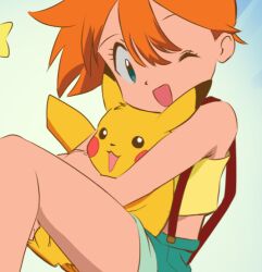 Rule 34 | 1girl, blush, creatures (company), eyelashes, game freak, gen 1 pokemon, green eyes, happy, holding, holding pokemon, misty (pokemon), nintendo, one eye closed, orange hair, pikachu, pokemon, pokemon (anime), pokemon (classic anime), pokemon (creature), shirt, sleeveless, sleeveless shirt, smile, suspenders, tkaoaii, wink, yellow shirt