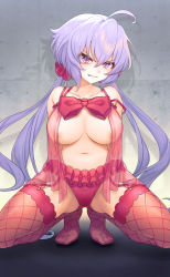 Rule 34 | 1girl, ahoge, angry, blush, breasts, cameltoe, fishnet thighhighs, fishnets, garter straps, glaring, hair ornament, hair scrunchie, highres, large breasts, lingerie, long hair, looking at viewer, navel, negligee, no bra, panties, purple eyes, red panties, scrunchie, senki zesshou symphogear, solo, spread legs, thighhighs, twintails, underwear, wada chiyon, white hair, yukine chris