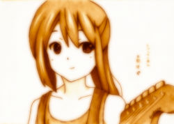 Rule 34 | 1girl, alternate hairstyle, bad id, bad pixiv id, female focus, godees, gradient background, guitar, highres, instrument, k-on!, long hair, monochrome, nakano azusa, no thank you! (k-on!), ponytail, sketch, smile, solo, traditional media, white background