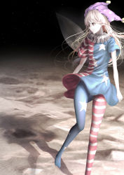 Rule 34 | 1girl, absurdres, american flag dress, american flag pants, black sky, blonde hair, closed mouth, clownpiece, commentary, dress, eyes visible through hair, fairy wings, hair between eyes, hat, highres, jester cap, leg up, long hair, looking to the side, moon, neck ruff, night, night sky, no shoes, pants, pink eyes, polka dot, purple hat, shadow, short sleeves, sky, smile, solo, space, standing, standing on one leg, star (sky), star (symbol), star print, starry sky, striped clothes, striped dress, striped pants, symbol-only commentary, t terano, touhou, wings