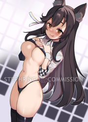 Rule 34 | 1girl, animal ear fluff, animal ears, areola slip, atago (azur lane), atago (stunning speedster) (azur lane), azur lane, bikini, bikini top lift, black thighhighs, blush, breasts, brown eyes, brown hair, closed mouth, clothes lift, commission, highleg, highleg bikini, highres, large breasts, licking lips, lifting own clothes, long hair, mole, mole under eye, navel, sidelocks, smile, solo, standing, stephringo, swimsuit, thighhighs, thong, tongue, tongue out, watermark
