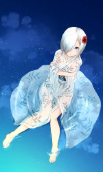 Rule 34 | 10s, 1girl, blue eyes, breasts, cleavage, comah, crossed arms, flower, hair flower, hair ornament, hair over one eye, hamakaze (kancolle), japanese clothes, kantai collection, kimono, looking at viewer, partially submerged, reflection, see-through, short hair, silver hair, sky, solo, star (sky), starry sky