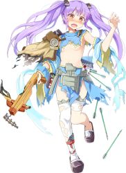 Rule 34 | 1girl, arrow (projectile), blush, bowgun, breasts, broken, broken weapon, emerane, flat chest, full body, holding, holding weapon, long hair, open mouth, oshiro project:re, oshiro project:re, purple hair, red eyes, taga (oshiro project), tearing up, thighhighs, transparent background, twintails, underboob, very long hair, weapon