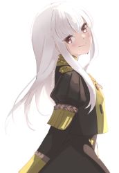 Rule 34 | 1girl, blush, closed mouth, epaulettes, fire emblem, fire emblem: three houses, jacket, long hair, long sleeves, looking at viewer, lysithea von ordelia, nintendo, pink eyes, purple eyes, simple background, skeptycally, smile, solo, uniform, upper body, white background, white hair