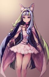 Rule 34 | 1girl, 7th dragon (series), 7th dragon iii, :&lt;, animal ears, black choker, bracelet, cape, cat ears, choker, closed mouth, dress, fortuner (7th dragon), green eyes, green hair, grey hair, hairband, highres, jewelry, long hair, looking at viewer, multicolored hair, o-ring, o-ring top, okame nin, short dress, solo, standing, two-tone hair, very long hair