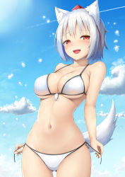 Rule 34 | 1girl, :d, animal ear fluff, animal ears, bare arms, bare shoulders, bikini, blue sky, blush, breasts, cloud, collarbone, commentary request, cowboy shot, day, gluteal fold, groin, halterneck, hat, highres, inubashiri momiji, large breasts, looking at viewer, navel, nose blush, open mouth, outdoors, red eyes, short hair, side-tie bikini bottom, sidelocks, silver hair, sky, smile, solo, standing, stomach, swimsuit, tail, tassel, tatsumiya kagari, tokin hat, touhou, water drop, white bikini, wolf ears, wolf tail