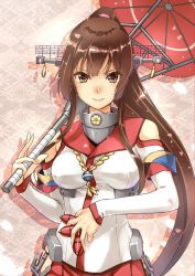 Rule 34 | &gt;:), 10s, 1girl, abo (hechouchou), breasts, brown eyes, brown hair, bullet, cherry blossoms, detached sleeves, headgear, kantai collection, long hair, long sleeves, looking at viewer, oil-paper umbrella, petals, ponytail, red skirt, skirt, smile, solo, umbrella, upper body, v-shaped eyebrows, very long hair, yamato (kancolle)