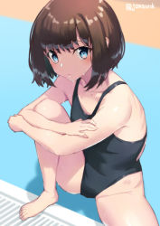 Rule 34 | 1girl, bare shoulders, black one-piece swimsuit, blue eyes, brown hair, competition swimsuit, highleg, highleg swimsuit, jonsun, looking at viewer, one-piece swimsuit, original, pool, short hair, solo, spread legs, stretching, swimsuit