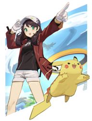 Rule 34 | 1girl, 2others, absurdres, artist name, baseball cap, brown hair, commentary, creatures (company), english commentary, game freak, gen 1 pokemon, green eyes, grey shorts, hat, highres, jacket, legendary pokemon, medium hair, multiple others, nintendo, pikachu, pointing, pointing forward, pokemon, pokemon (creature), pokemon unite, red jacket, shorts, solo focus, tostantan, when you see it, white headwear, zapdos
