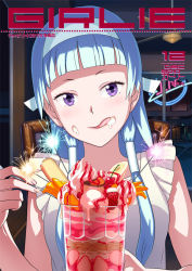 Rule 34 | 1girl, :p, blue hair, blunt bangs, blush, eyelashes, fireworks, food, food on face, fruit, fuwa daisuke, hair tubes, hairband, ice cream, ice cream on face, kannagi, licking, licking another&#039;s face, licking lips, long hair, looking at viewer, messy, nagi, parfait, purple eyes, solo, sparkler, spoon, tongue, tongue out