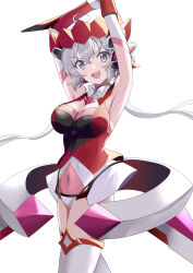 Rule 34 | 1girl, :d, armpits, arms up, boots, breasts, cleavage, covered navel, cowboy shot, floating hair, gloves, grey eyes, hair between eyes, headpiece, highres, large breasts, long hair, looking at viewer, open mouth, rikopin, senki zesshou symphogear, simple background, smile, solo, standing, thigh boots, twintails, very long hair, white background, white footwear, white gloves, white hair, yukine chris