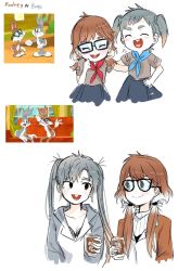 Rule 34 | 2boys, 2girls, brown hair, buck teeth, bugs bunny, rabbit, character name, commentary, cup, drinking glass, genderswap, genderswap (mtf), girl scout, glasses, gloves, grey hair, highres, himuhino, humanization, ice, ice cube, looney tunes, multiple boys, multiple girls, rodney rabbit, teeth, twintails, uniform, aged down