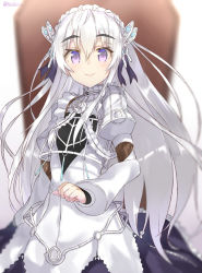 Rule 34 | 10s, 1girl, blush, breasts, butterfly hair ornament, chaika trabant, coffin, dress, eyebrows, frills, hair ornament, hairband, hitsugi no chaika, isshiki (ffmania7), lolita hairband, long hair, looking at viewer, purple eyes, small breasts, smile, solo, twitter username, white hair