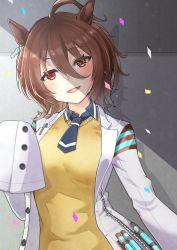 Rule 34 | 1girl, :d, agnes tachyon (umamusume), ahoge, animal ears, black necktie, black shirt, blush, breasts, brown hair, coat, commentary request, confetti, earrings, hair between eyes, head tilt, highres, horse ears, horse girl, jewelry, lab coat, looking at viewer, medium breasts, necktie, open mouth, red eyes, seseriri723, shirt, short hair, short necktie, single earring, sleeves past wrists, smile, solo, sweater, test tube, umamusume, upper body, white coat, yellow sweater