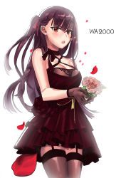 Rule 34 | 1girl, :o, bare shoulders, beudyek, blush, bouquet, breasts, brown hair, character name, cleavage, dress, flower, garter straps, girls&#039; frontline, gloves, hair ribbon, highres, long hair, looking at viewer, medium breasts, one side up, open mouth, petals, red eyes, ribbon, rose, rose petals, solo, thighhighs, wa2000 (girls&#039; frontline)