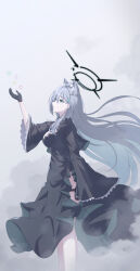 Rule 34 | 1girl, animal ear fluff, animal ears, arm up, black dress, black gloves, blue archive, breasts, commentary request, dress, gloves, green eyes, grey background, grey hair, hair between eyes, halo, highres, long hair, long sleeves, looking away, medium breasts, parted lips, shiroko terror (blue archive), solo, synn032, very long hair, wide sleeves