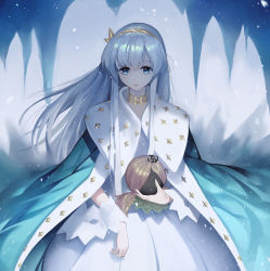 Rule 34 | 1girl, absurdres, anastasia (fate), blue eyes, cape, charles (106858), cloud, cloudy sky, crown, doll, dress, fate/grand order, fate (series), hair between eyes, hairband, highres, holding, holding doll, ice, jewelry, long hair, looking at viewer, mini crown, royal robe, silver hair, sky, snow, snowing, solo, standing, very long hair