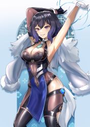 Rule 34 | 1girl, alternate costume, armpits, asymmetrical gloves, bangle, bare shoulders, bead choker, blue dress, bob cut, bracelet, breasts, cleavage, contrapposto, cosplay, cowboy shot, dice, dress, elbow gloves, feather-trimmed jacket, feather collar, fire emblem, fire emblem heroes, fur-trimmed jacket, fur trim, genshin impact, gloves, gradient background, grin, hair between eyes, highres, jacket, jacket on shoulders, jacket over shoulder, unworn jacket, jewelry, large breasts, blue background, looking at viewer, mismatched gloves, morgan (female) (fire emblem), morgan (fire emblem), multicolored hair, neck ring, neck tassel, nintendo, pants, parted lips, pelvic curtain, purple eyes, short hair, single elbow glove, smile, solo, tassel, tassel choker, thighhighs, tight clothes, tight pants, vision (genshin impact), waist cutout, white jacket, yelan (genshin impact), yelan (genshin impact) (cosplay), zet (twt zet)