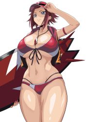 Rule 34 | 1girl, bikini, breasts, cameltoe, code geass, highres, iwao178, jewelry, kouzuki kallen, large breasts, nail polish, necklace, official alternate costume, red bikini, red hair, red nails, shiny clothes, shiny skin, simple background, smile, solo, standing, surfboard, swimsuit, toned, visor cap, white background, wide hips