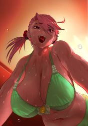 Rule 34 | 1girl, bell, bikini, breasts, cleavage, commentary request, from below, green bikini, highres, huge breasts, indoors, looking at viewer, mamorunokoto, navel, open mouth, original, pink hair, short twintails, solo, strap gap, sweat, swept bangs, swimsuit, tongue, twintails