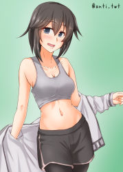 Rule 34 | 1girl, alternate costume, anti (untea9), black hair, black shorts, breasts, cleavage, commentary request, cowboy shot, dolphin shorts, gradient background, green background, grey eyes, groin, hair between eyes, hayasui (kancolle), highres, jacket, kantai collection, pantyhose under shorts, medium breasts, midriff, open clothes, open jacket, pantyhose, short hair, shorts, solo, sports bra, sportswear, white jacket
