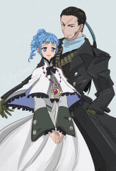 1boy 1girl ange_serena bandolier bead_necklace beads beard_stubble belt black_bow black_coat black_hair blue_hair bow coat dress drill_hair facial_hair frilled_shawl frills gloves green_gloves grey_eyes hand_in_pocket high_ponytail highres jewelry kiyou_sumomo long_hair looking_at_viewer necklace ponytail ricardo_soldato shawl short_hair simple_background smile stubble tales_of_(series) tales_of_innocence v_arms white_background white_dress