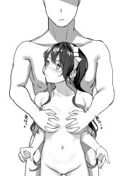 Rule 34 | 1boy, 1girl, blush, grabbing another&#039;s breast, breasts, cowboy shot, faceless, faceless male, grabbing, grabbing from behind, greyscale, hairband, height difference, hetero, highres, kantai collection, large breasts, looking back, monochrome, naganami (kancolle), navel, nude, satsuki neko, sidelocks, sweatdrop