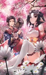 Rule 34 | 1boy, 1girl, animal, animal ears, animal on shoulder, aquaplus, bird, bird on shoulder, black hair, bottle, braid, braided bangs, breasts, brother and sister, cherry blossoms, closed mouth, drinking cup, family, fang, feet, field, flower, flower field, highres, knee up, large breasts, leaf1618, lily (flower), looking up, official art, open mouth, outdoors, owl, petals, sake bottle, shis, siblings, sitting, smile, thighhighs, thighs, utawarerumono, utawarerumono: futari no hakuoro, utawarerumono: lost flag, yashima (utawarerumono: futari no hakuoro)
