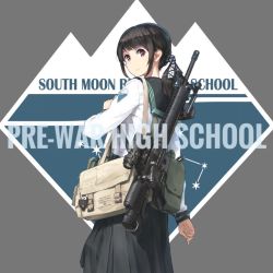 Rule 34 | 1girl, assault rifle, bag, black hair, black sailor collar, black skirt, blouse, carrying, closed mouth, commentary request, emblem, english text, from behind, grey background, gun, light frown, long sleeves, looking at viewer, looking back, m16, m16a2, medium skirt, original, pleated skirt, purple eyes, rifle, sailor collar, satchel, school uniform, scope, serafuku, shirt, short hair, sidelocks, skirt, solo, standing, tanto (tc1995), weapon, white shirt