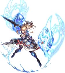 Rule 34 | 1girl, armor, blonde hair, breastplate, breasts, feet, floating hair, full body, highres, holding, holding sword, holding weapon, large breasts, legs, legs apart, long hair, looking at viewer, magic, open mouth, outstretched arms, ponytail, red eyes, serious, shield, solo, standing, sword, thighs, transparent background, unitia, weapon