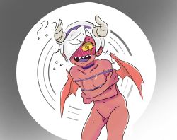 Rule 34 | 1girl, blush, bound, brawl stars, breasts, cleft of venus, colette (brawl stars), confused, diadem, dragon horns, dragon wings, grabbing own arm, horns, jewelry, necklace, nude, open mouth, pussy, question mark, sharp teeth, simple background, solo, sweatdrop, teeth, tied up, upper teeth only, white hair, wings, yellow eyes