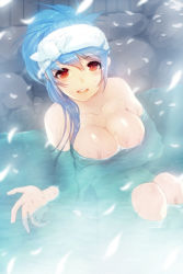 Rule 34 | 1girl, bathing, blue hair, breasts, censored, cleavage, convenient censoring, large breasts, looking at viewer, lowres, luthica preventer, nude, onsen, ponytail, red eyes, sitting, solo, steam, sword girls, towel, wet