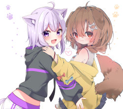 Rule 34 | 2girls, :d, absurdres, ahoge, animal ear fluff, animal ears, black hoodie, blush, bone hair ornament, brown hair, cat ears, cat girl, cat tail, closed mouth, dog ears, dog girl, dog tail, fang, from side, hair between eyes, hair ornament, hand on another&#039;s shoulder, heart, highres, hololive, hood, hood down, hoodie, inugami korone, inugami korone (1st costume), jacket, long sleeves, looking to the side, multiple girls, nekomata okayu, nekomata okayu (1st costume), off shoulder, open clothes, open jacket, open mouth, purple eyes, purple hair, red eyes, shinonome asu, shirt, simple background, smile, tail, virtual youtuber, white background, white shirt, yellow jacket